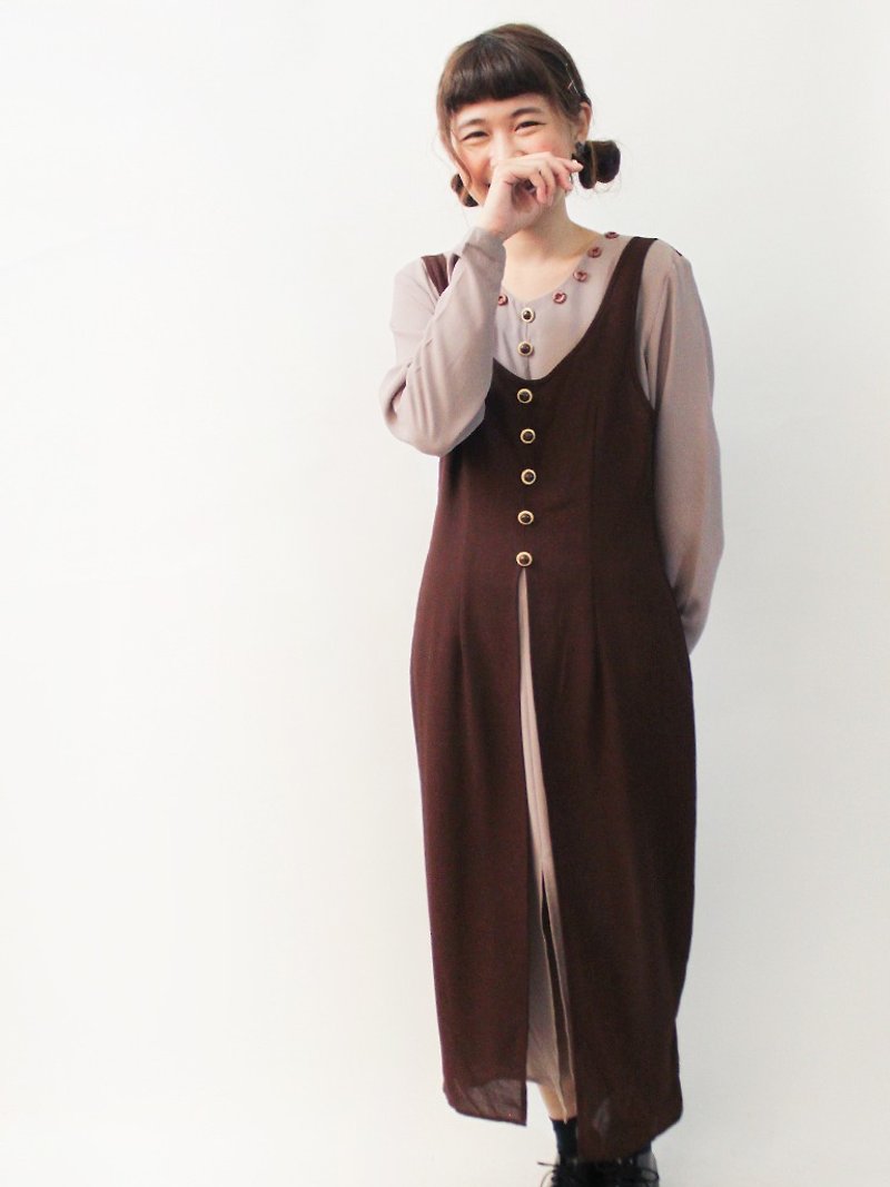 復古早春假兩件剪裁紅豆色長袖古著洋裝 Vintage Dress - 洋裝/連身裙 - 聚酯纖維 紫色