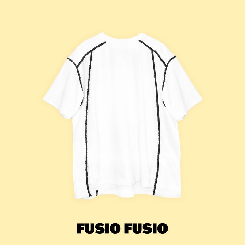 FUSUIO FUSIO Taiwanese designer brand loose raw edge T-shirt white - เสื้อยืดผู้ชาย - ผ้าฝ้าย/ผ้าลินิน สีดำ