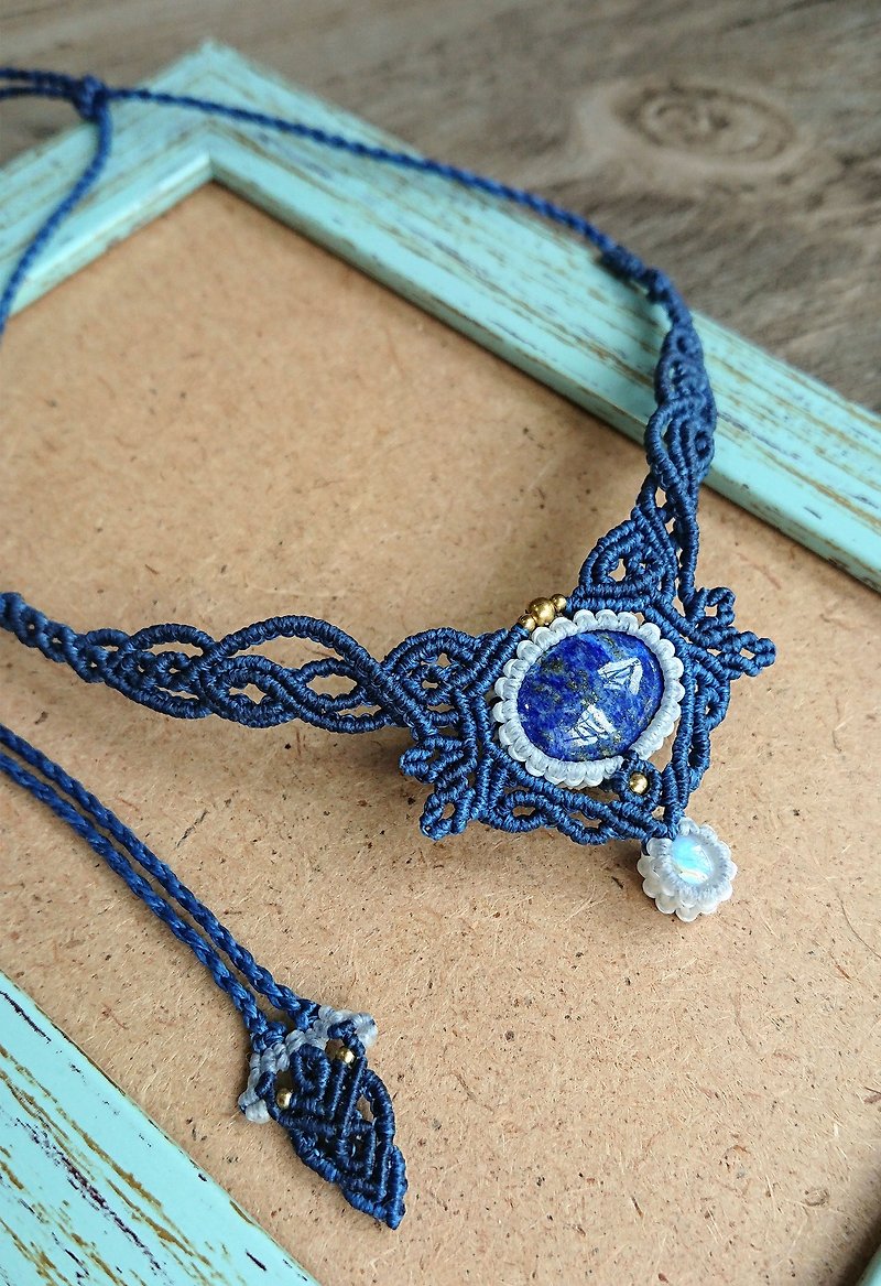 N98-Bohemian ethnic style two-color South American wax line woven brass lapis lazuli moonstone necklace - Necklaces - Other Materials Blue