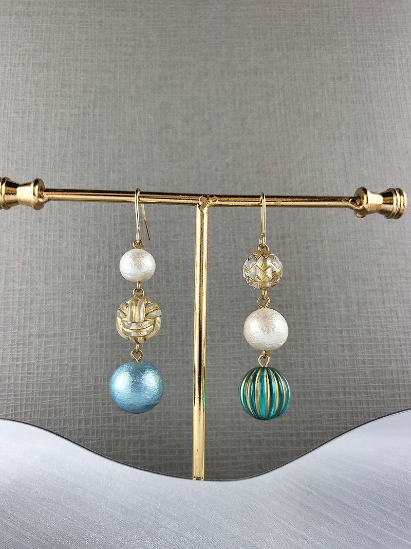 Asymmetrical Triple Drop Earrings - Cotton pearls & beads (aqua blue | white) - Earrings & Clip-ons - Other Materials 