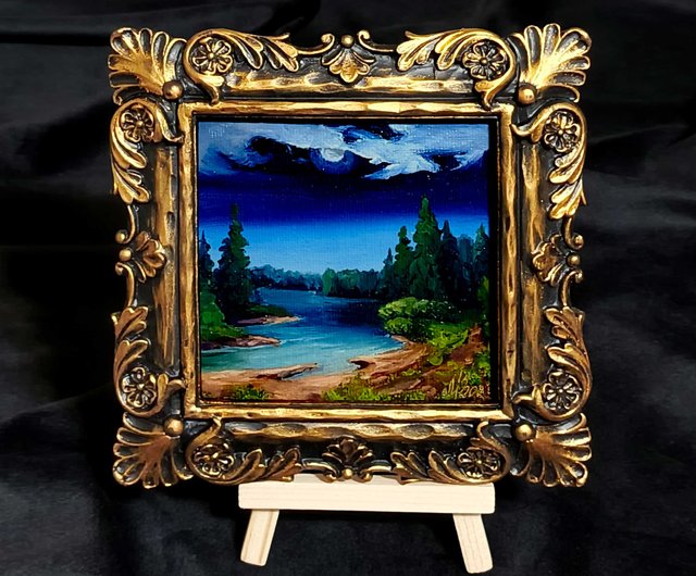 夏の風景。夜の川岸を描いた絵画。額縁に入れて販売します