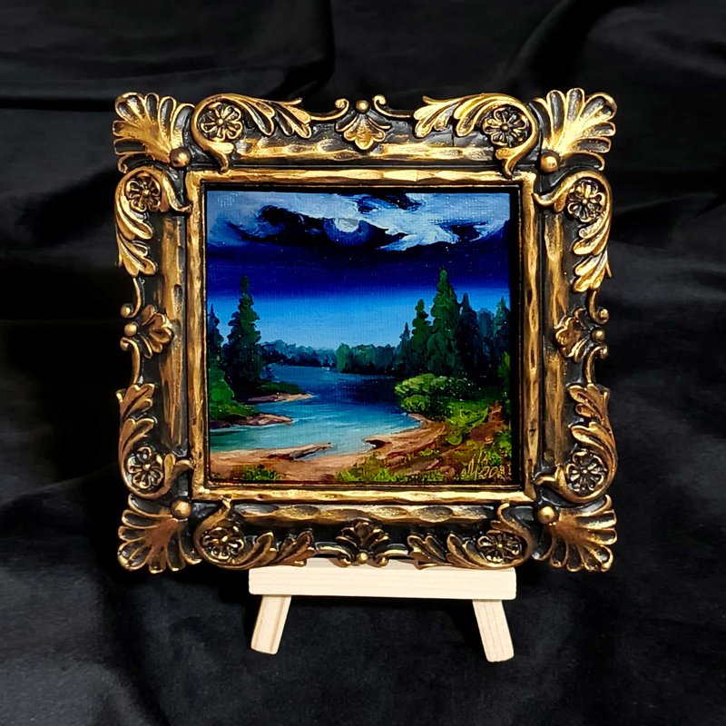 Summer landscape. Painting Night riverbank . It is sold in a frame. - Posters - Cotton & Hemp Blue