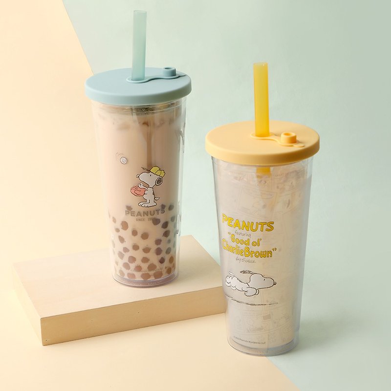 Peanuts Snoopy double-layer transparent straw cup-Snoopy drink cup pearl milk tea cup tumbler - แก้ว - พลาสติก หลากหลายสี