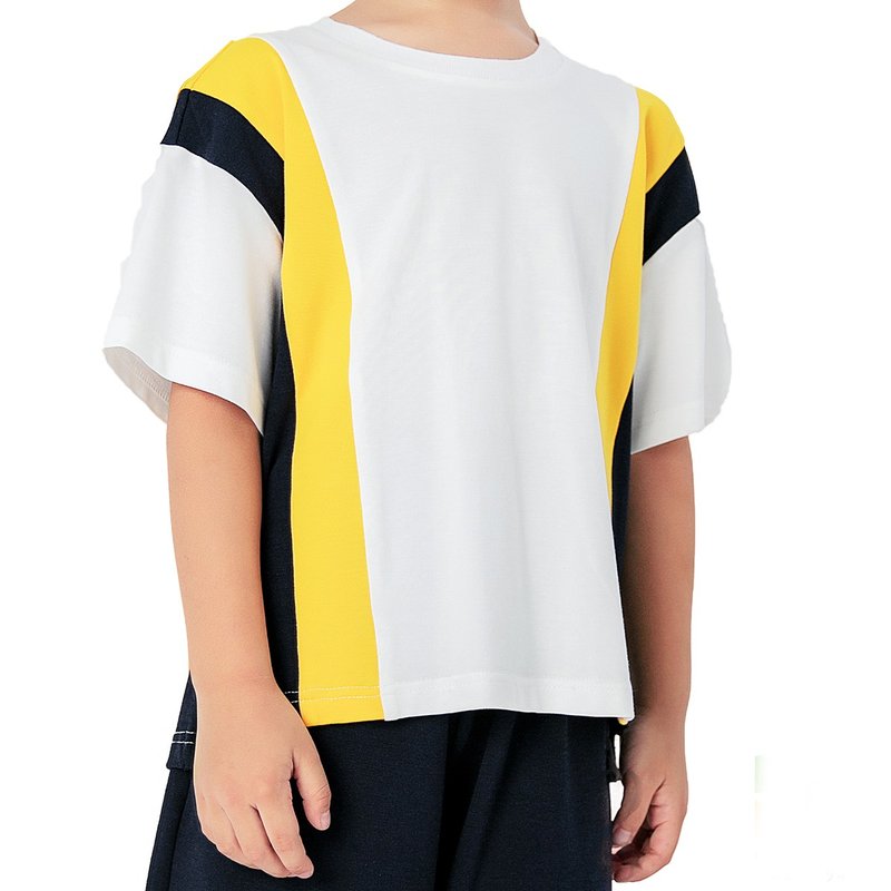 BIR black and yellow stripe stitching cotton T - เสื้อยืด - ผ้าฝ้าย/ผ้าลินิน ขาว