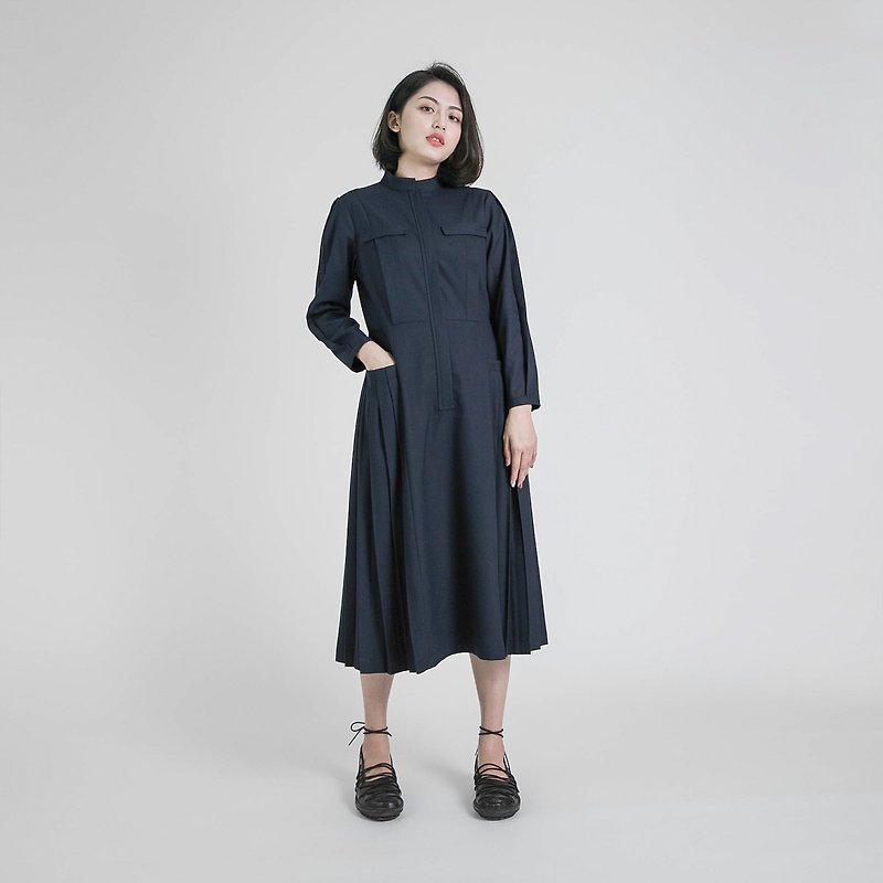 [Classic original] Declaration_ Declaration Pleated Dress_CLD502_ Zhangqing - One Piece Dresses - Cotton & Hemp Blue