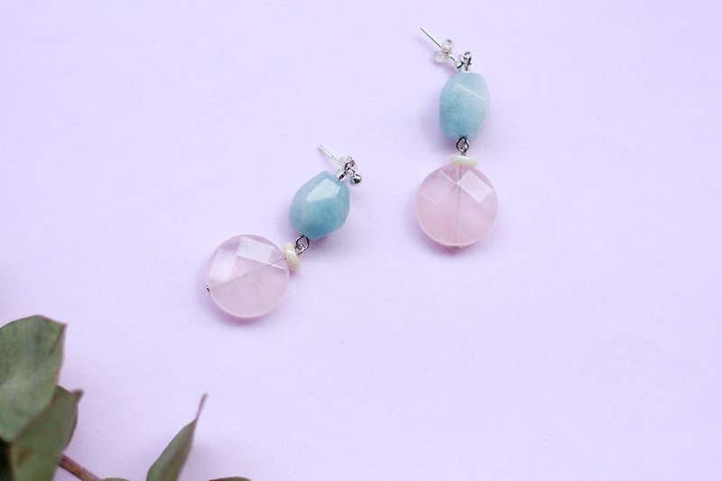 Pink Sea Blue Powder Crystal Earrings - 925 Sterling Silver Ears - Earrings & Clip-ons - Gemstone Pink