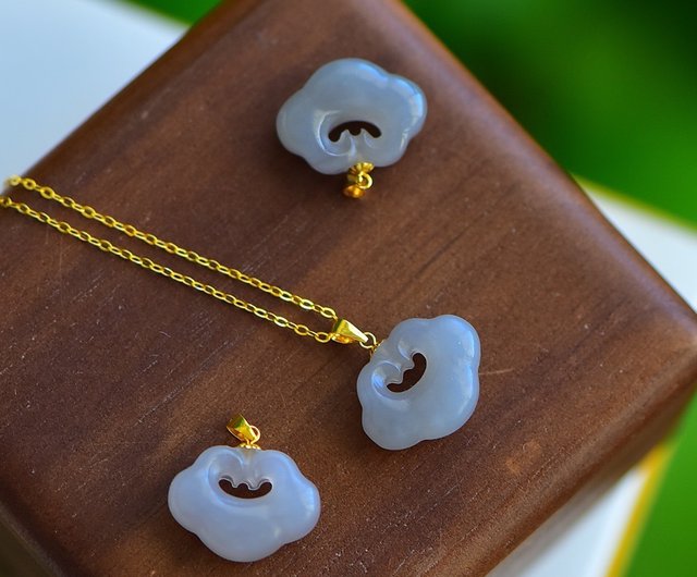 天然スモークパープルパープル翡翠如意ペンダント18Kゴールド象嵌