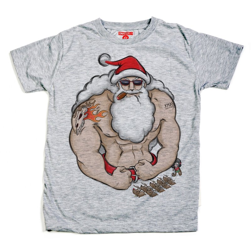 Santa Claus have muscle unisex men woman cotton mix Chapter One T-shirt - 男 T 恤 - 棉．麻 白色