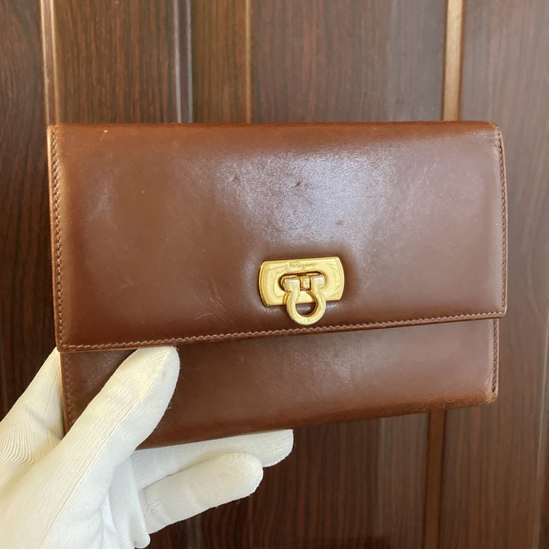 Salvatore Ferragamo 牛皮 金色鋼扣 義大利製 古董皮夾 復古 - 錢包/皮夾/長短夾 - 真皮 咖啡色