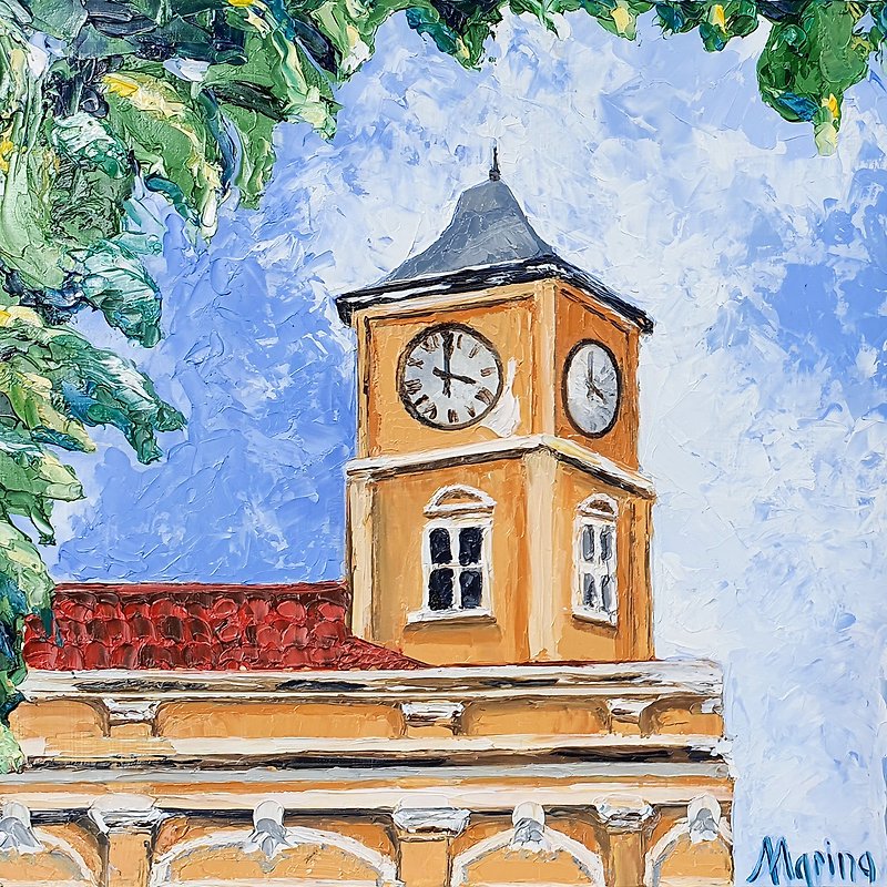 Clock Tower Painting Phuket Town Original Art Thailand Old Cityscape Wall Art - Posters - Other Materials Gold