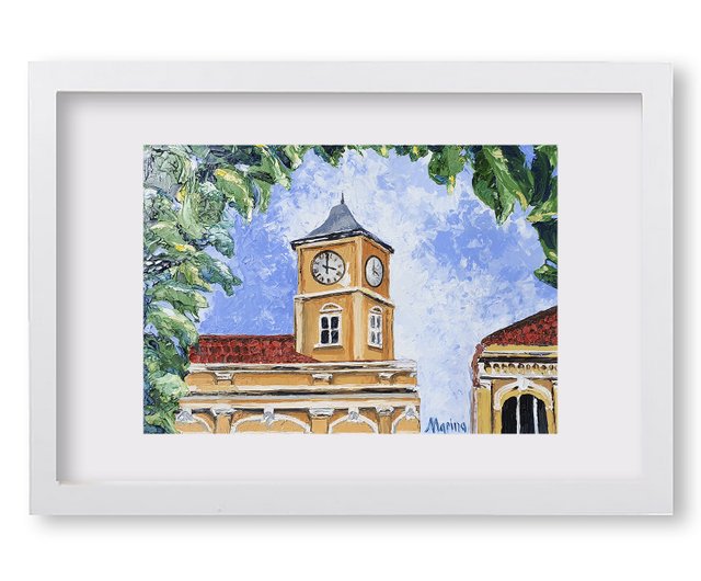 時計塔の絵画プーケットタウンオリジナルアートタイ旧市街の
