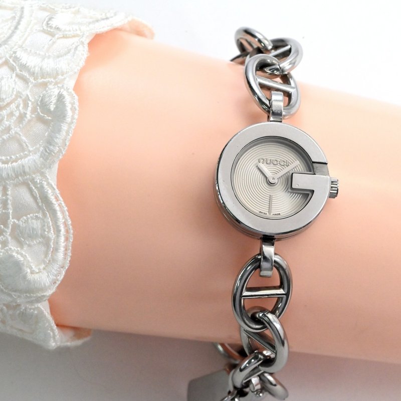 Exc+3 Vintage Gucci Charm Bracelet Cream Dial Women's Watche Ref.107 JAPAN - นาฬิกาผู้หญิง - สแตนเลส สีเงิน