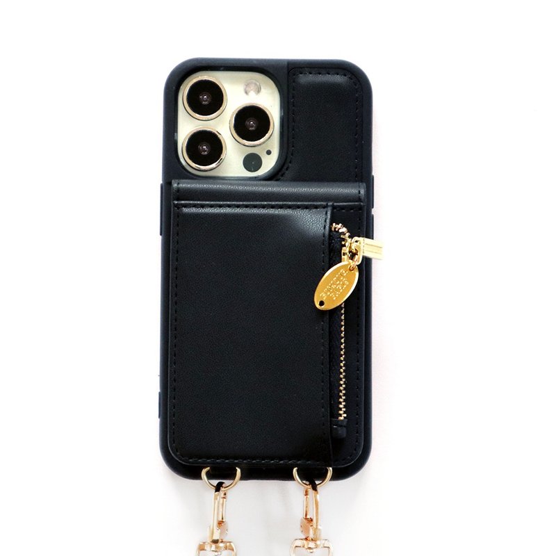 iPhone15/12 Paris black small wallet strap phone case - เคส/ซองมือถือ - พลาสติก สีดำ