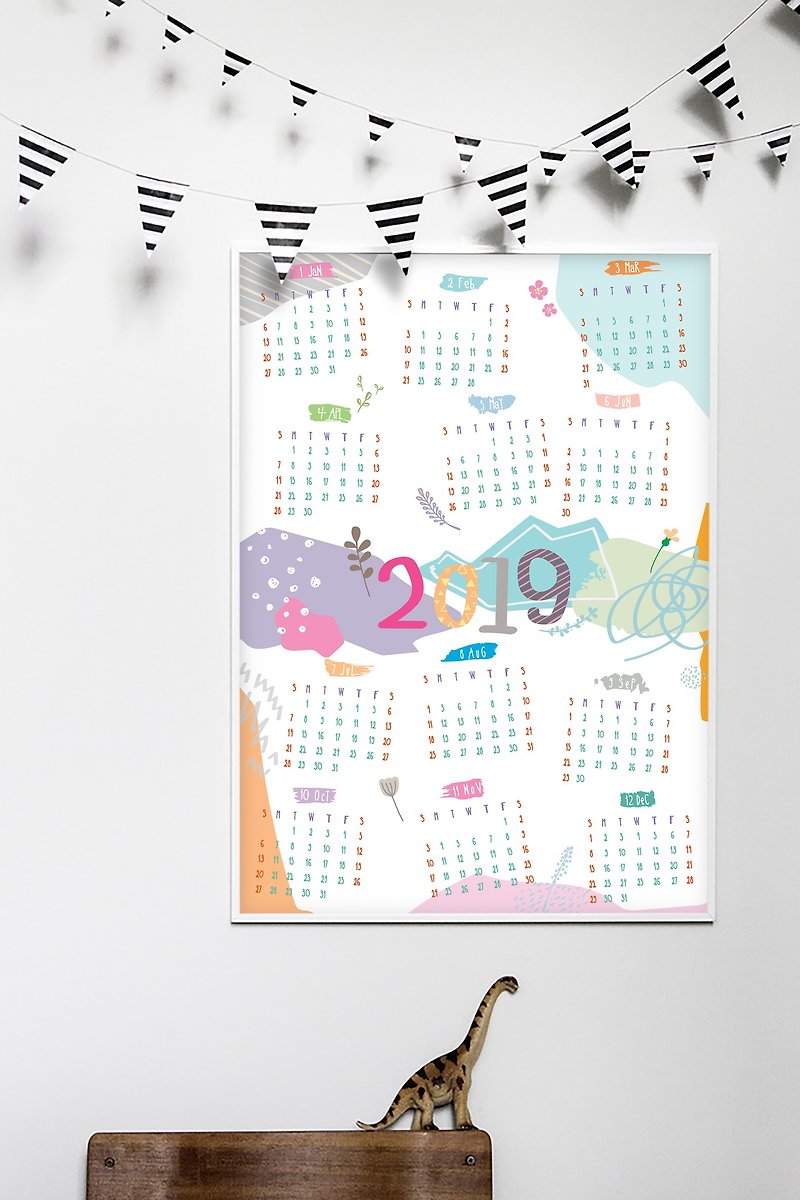 2019 Collage Theme Calendar Poster Print, Wall Calendar, Holiday gift, Wall art - ปฏิทิน - กระดาษ หลากหลายสี