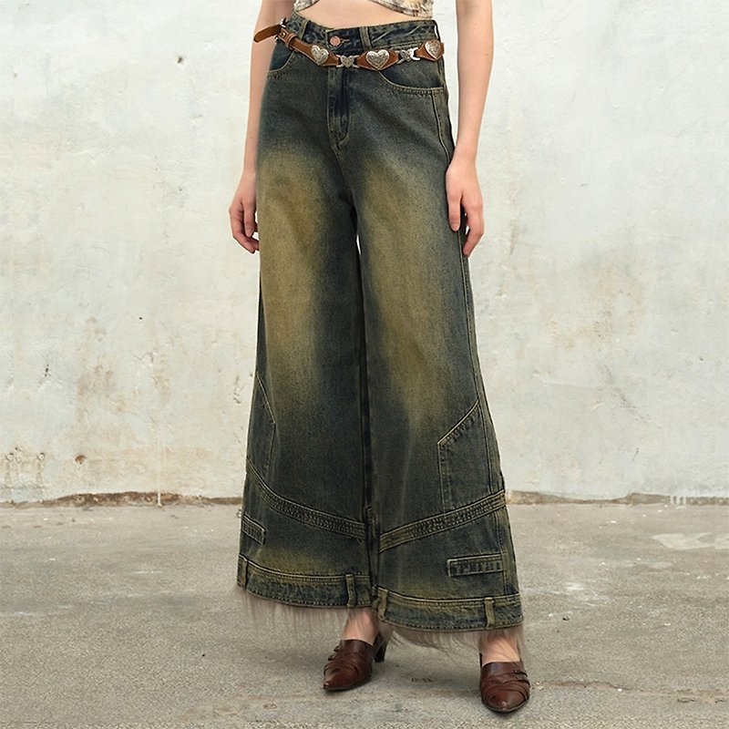 Deconstructed vintage wide-leg jeans with removable raw edges - กางเกงขายาว - วัสดุอื่นๆ 