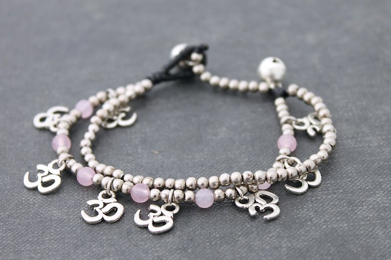 Silver Beaded Stone Charm Bracelets, Rose Quartz Beads Yoga Bracelets - Bracelets - Copper & Brass Pink