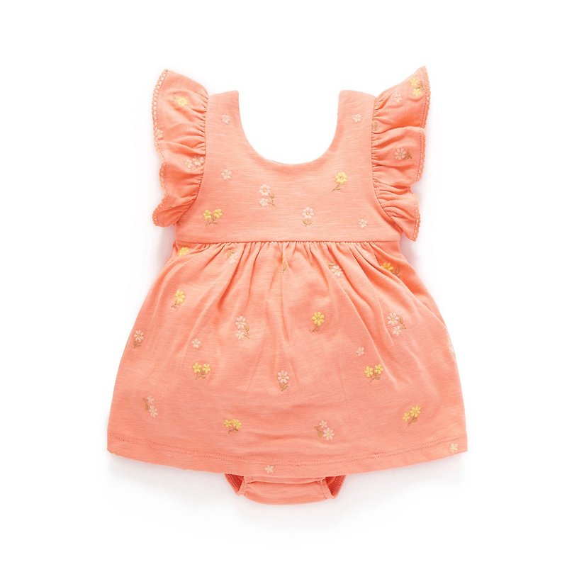澳洲Purebaby有機棉女童洋裝包屁衣/嬰兒連身衣 橘紅繡花 - 包屁衣/連身衣 - 棉．麻 