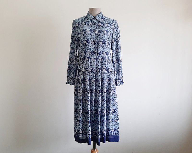 Medium Vintage Navy Blue Floral Dress Womens Chiffon Midi Dress Shirt Dress M - 洋裝/連身裙 - 聚酯纖維 藍色