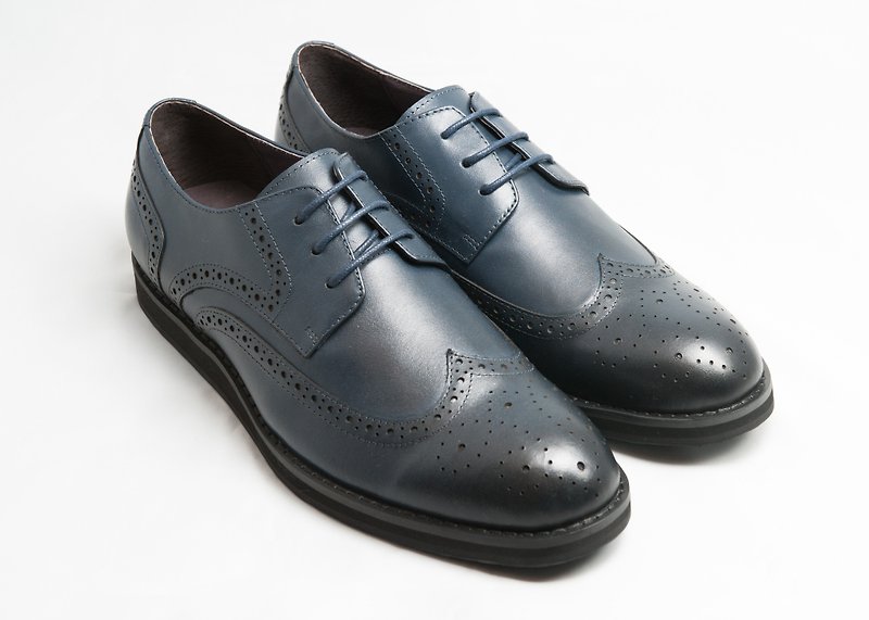 Hand-painted calfskin wing carved casual Derby shoes - Midnight Blue - Free Shipping - E2A22-39 - Men's Oxford Shoes - Genuine Leather Blue