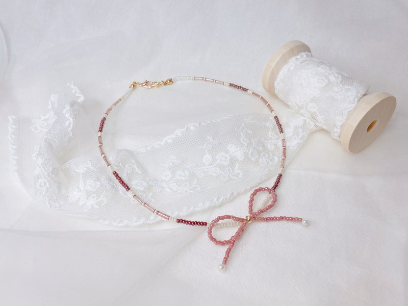 Pink bow Japanese beaded choker necklace clavicle chain - สร้อยคอ - วัสดุอื่นๆ สึชมพู