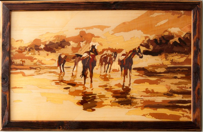 Horses landscape Vintage home decor rustic style marquetry inlay framed picture - Wall Décor - Wood Orange