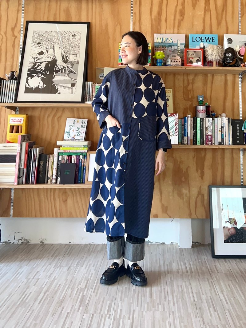 Dark blue patchwork long shirt - One Piece Dresses - Cotton & Hemp Blue