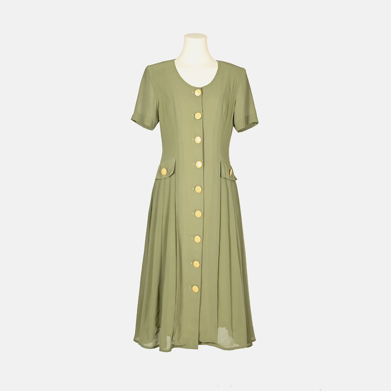 [Egg Plant Vintage] Tender Grass Prairie Solid Color Short Sleeve Vintage Dress - ชุดเดรส - ไฟเบอร์อื่นๆ 
