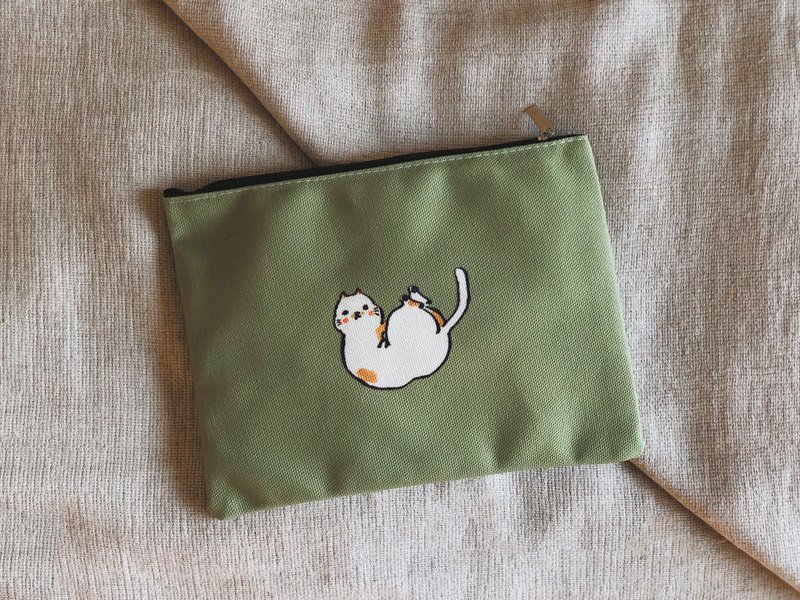 Slip Cat Canvas Storage Bag - กระเป๋าเครื่องสำอาง - ผ้าฝ้าย/ผ้าลินิน สีเขียว