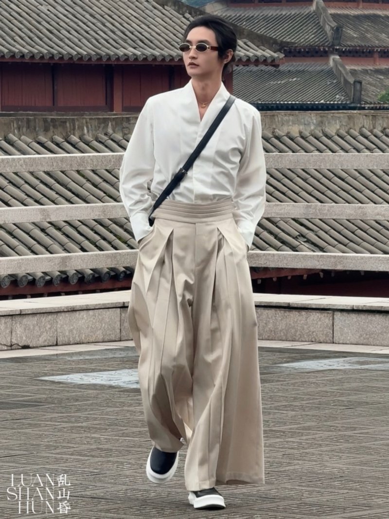 Luanshanhun new Chinese style original design double pleated oatmeal straight wide-leg pants skirt commuting all-match spring autumn winter - Men's Pants - Polyester Khaki