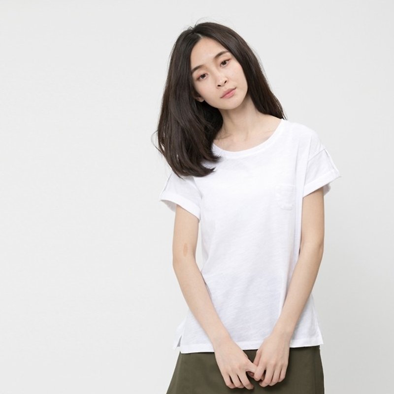 Slub yarn fabric cuff sleeve button shirt /White - Women's T-Shirts - Cotton & Hemp White