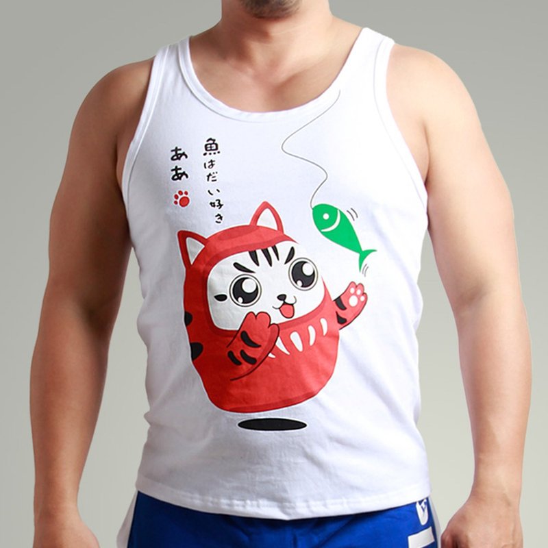 背心_喵達摩愛抓魚(白) - 男背心 - 棉．麻 白色