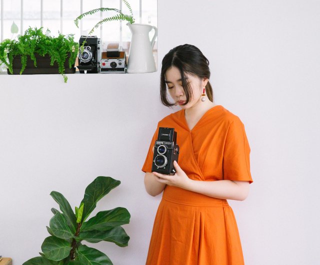 Vネックウエストマークワンピース / コーラルオレンジ