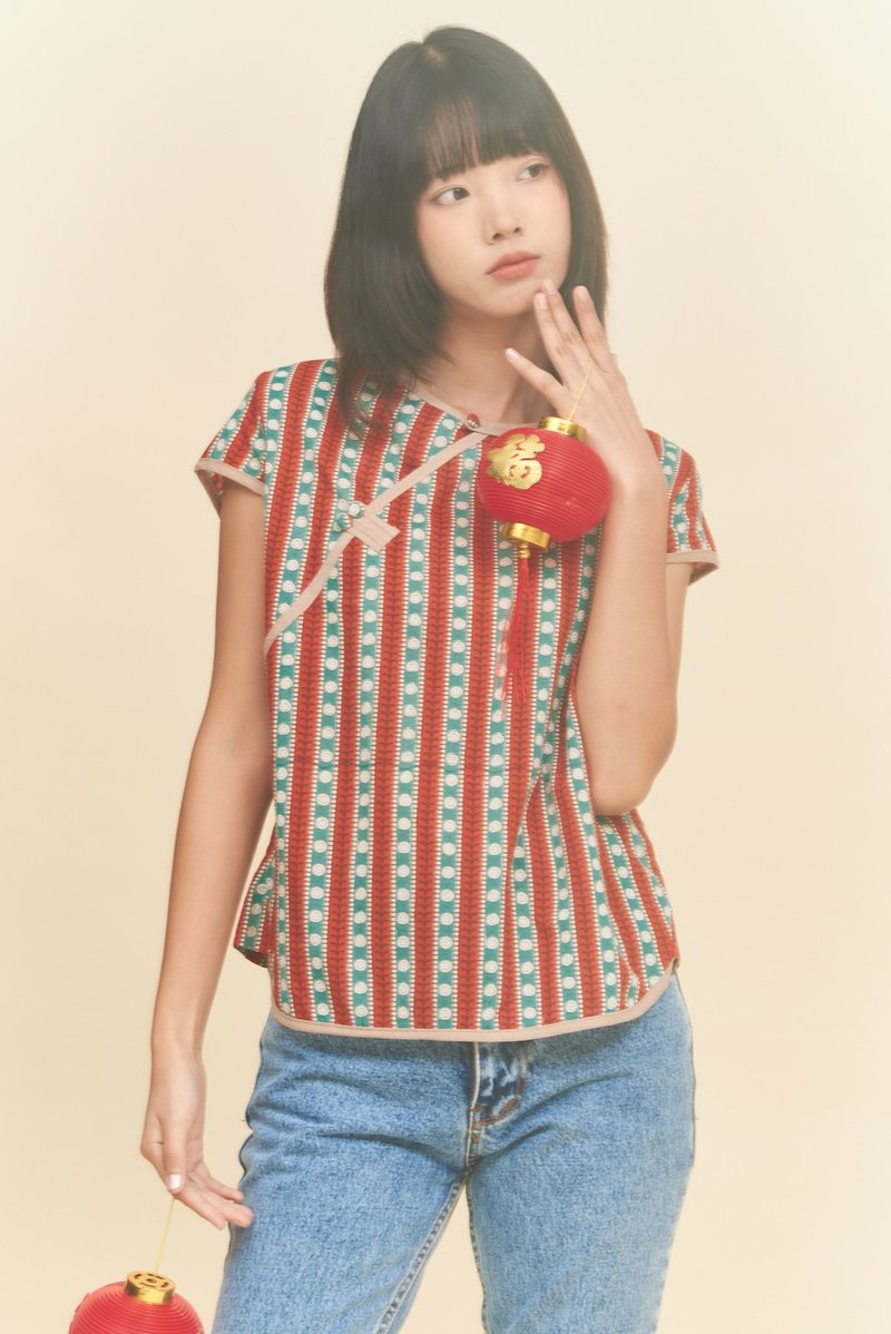 Mei Mei Top Red Green Stripe - เสื้อผู้หญิง - ผ้าฝ้าย/ผ้าลินิน สีแดง