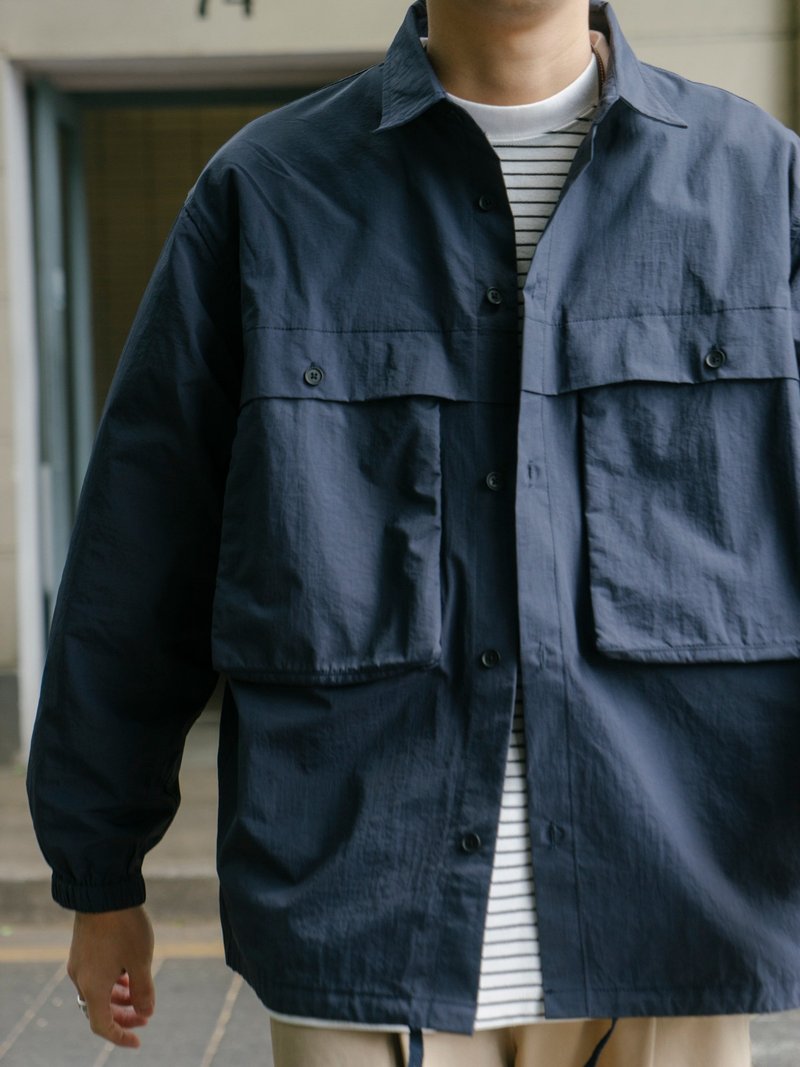 SHIRTS 海軍藍廓形寬松復古工裝長袖襯衫戶外多袋日系Cityboy - 男襯衫/休閒襯衫 - 其他材質 藍色