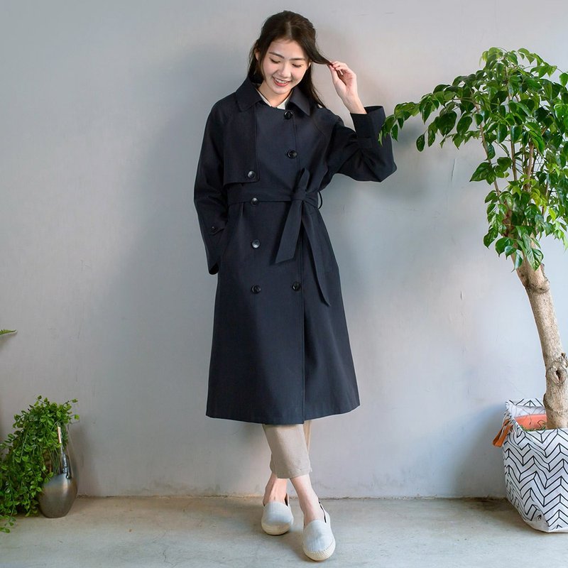 天絲翻領長版風衣外套 藍 M - 女大衣/外套 - 棉．麻 藍色