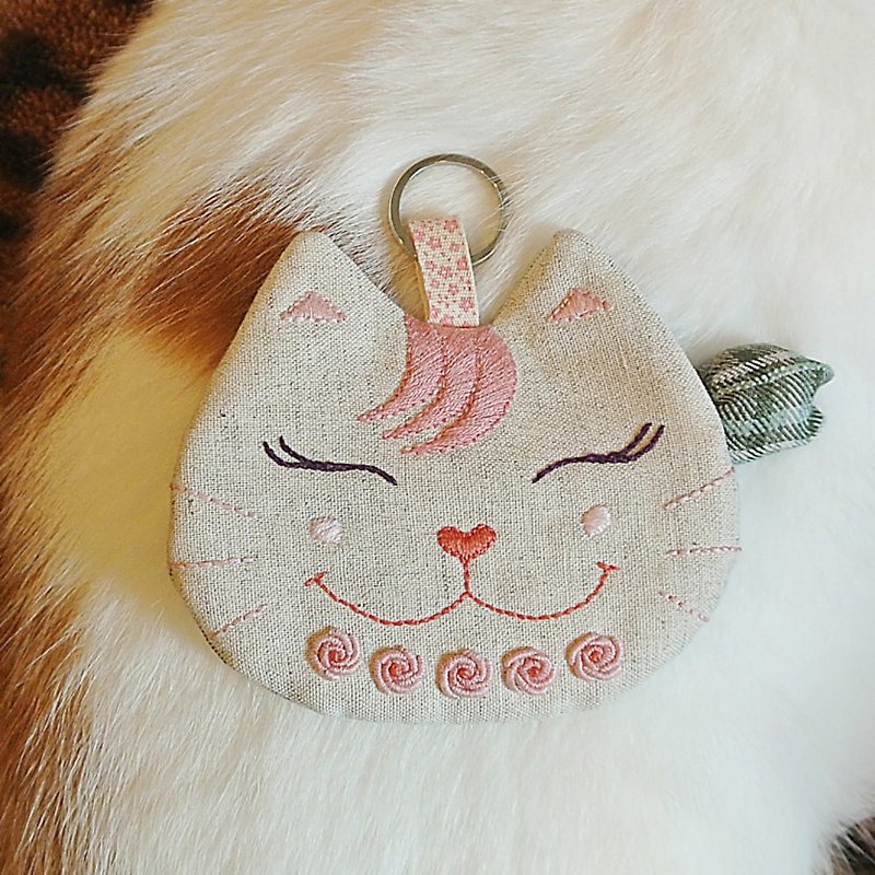 Pink Rose Smile Cat Girl_Pure Embroidery Card Set Coin Purse - กระเป๋าใส่เหรียญ - ผ้าฝ้าย/ผ้าลินิน สึชมพู