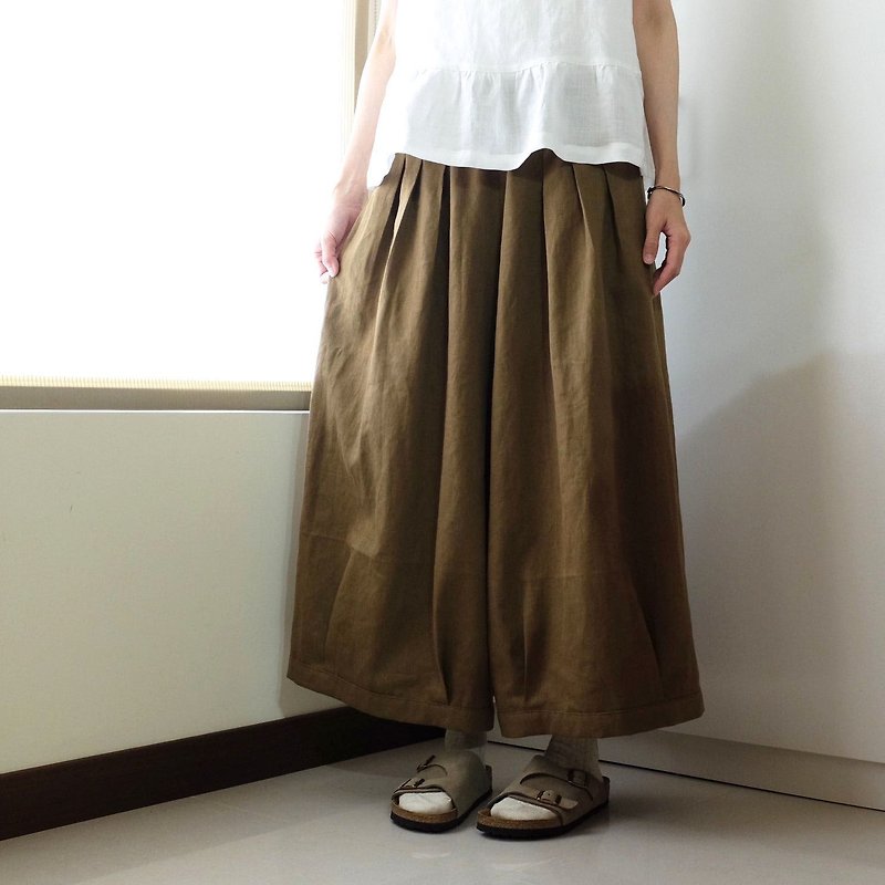 Everyday clothes playful girl olive brown pleated wide pants cotton - กางเกงขายาว - ผ้าฝ้าย/ผ้าลินิน สีกากี