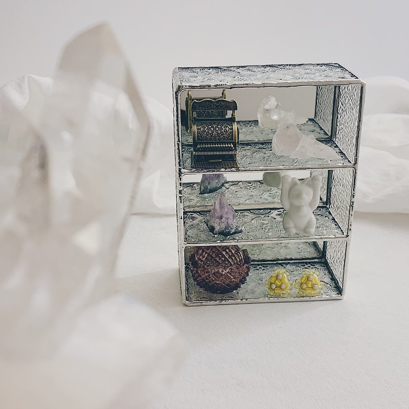 鑲嵌玻璃 毛玻璃 海棠花x鑽石花玻璃 小型 透明感 置物櫃 珠寶櫃 - 收納箱/收納用品 - 玻璃 