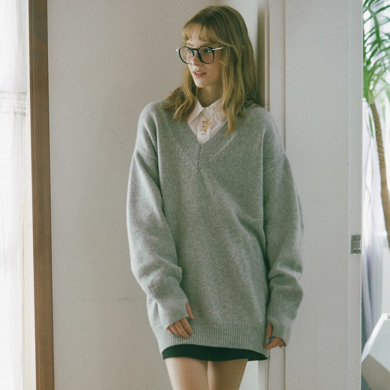 Extra Fine Wool Hand Hole Long Sweater_Light Grey - สเวตเตอร์ผู้หญิง - ขนแกะ สีเงิน