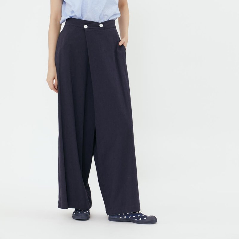 Arthur Cotton and Linen Asymmetry Wide-leg Pants / Navy - กางเกงขายาว - ผ้าฝ้าย/ผ้าลินิน สีน้ำเงิน