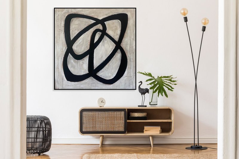 Black And White Painting Geometric Loops Art Simple Modern Art Monochrome Art - 壁貼/牆壁裝飾 - 壓克力 黑色