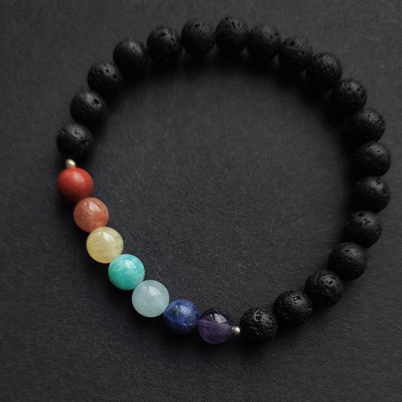 7 CHAKRAS BRACELET High Quality Rainbow Stones and Lava Beads - สร้อยข้อมือ - เครื่องประดับพลอย หลากหลายสี