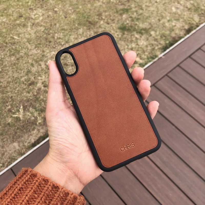 【iPhone手機殼】橙啡色植鞣牛皮/防摔/多款型號/客製化印字 - 手機殼/手機套 - 真皮 橘色