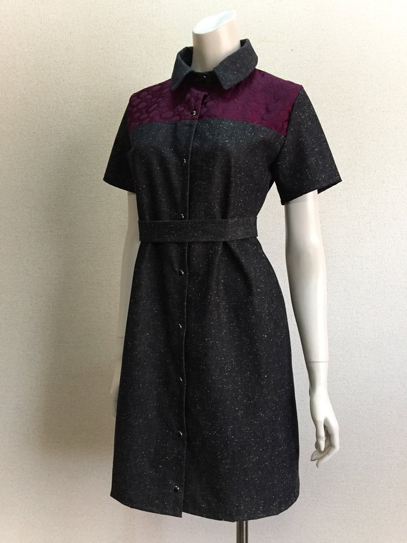 [One of a kind, with design drawing] Okayama denim shirt-style short-sleeved dress with belt, KOJI TOYODA - One Piece Dresses - Cotton & Hemp Multicolor