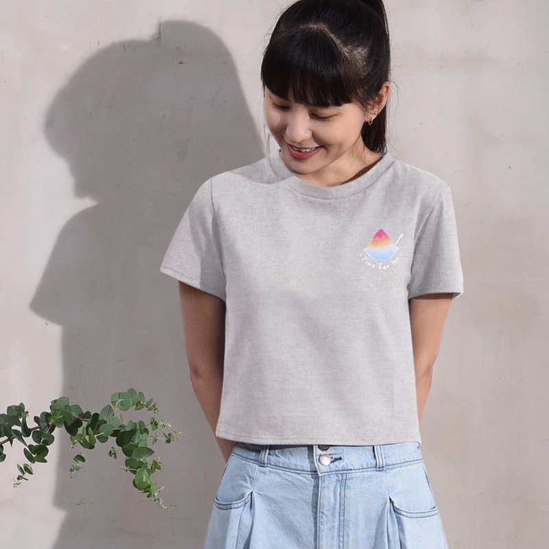 【夏限定色。鵝卵石灰】雪花冰小吃Tee。流行短版。中磅細纖純棉 - 女 T 恤 - 棉．麻 