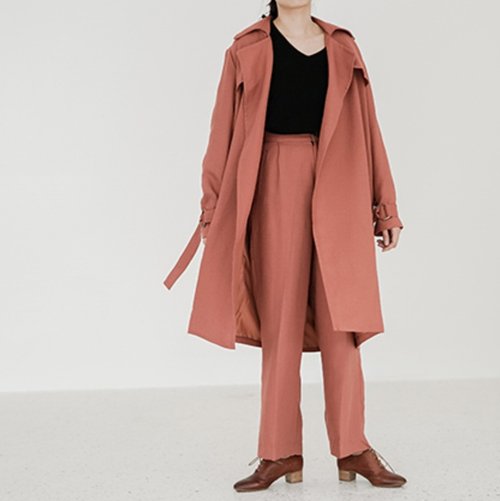 Pumpkin red JANE long windbreaker two-color minimalist ring laced lapels loose women&amp;#39;s windbreaker jacket