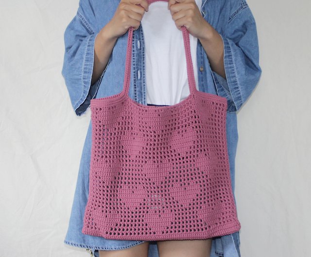 Too Heart Personalized Pixel Arts Crochet Tote Bag ,Dark Pink 