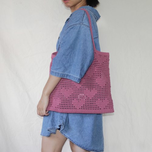 Too Heart Personalized Pixel Arts Crochet Tote Bag ,Dark Pink Colour