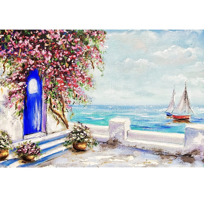 Greece Painting Seascape Original Art 20x30 cm/ 8 by 12 inch by Oksana Stepanova - โปสเตอร์ - ผ้าฝ้าย/ผ้าลินิน หลากหลายสี