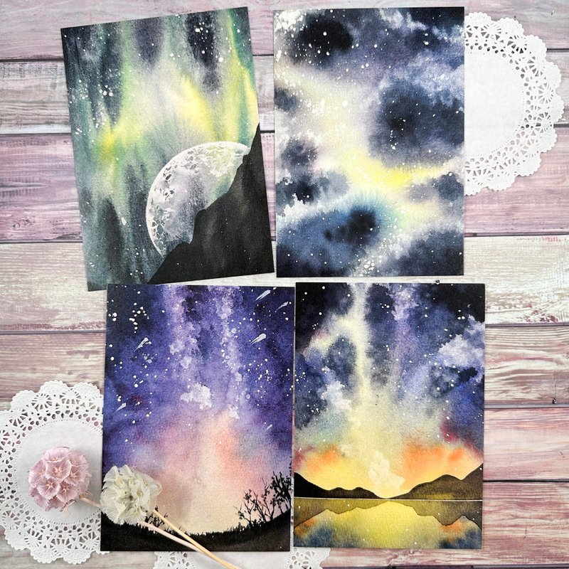 Starry Sky-Postcard Collage Card (Extra Thick Ivory) (Set of Four) - การ์ด/โปสการ์ด - กระดาษ สีม่วง